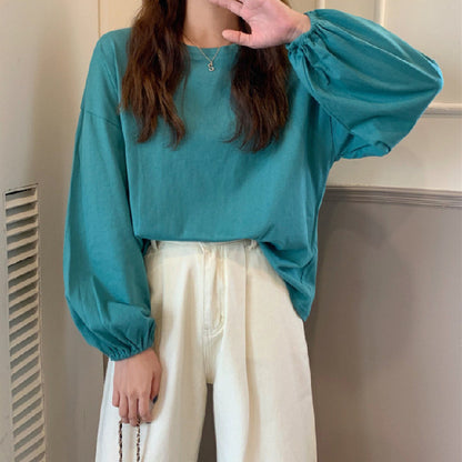 レディーストップス ゆったりランタン袖 プルオーバー 長袖Tシャツ 無地