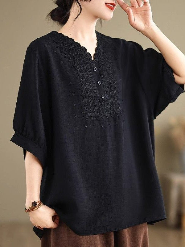 レディース ゆったり 綿麻 七分袖Tシャツ　