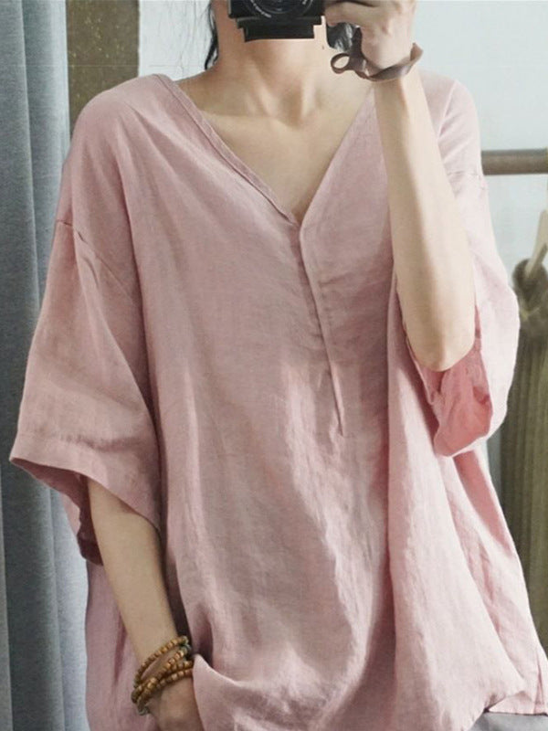 レディース 綿麻 シャツ Vネック ゆったり 七分袖
