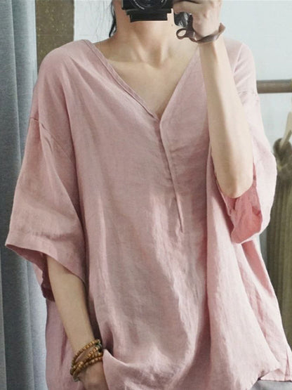 レディース 綿麻 シャツ Vネック ゆったり 七分袖