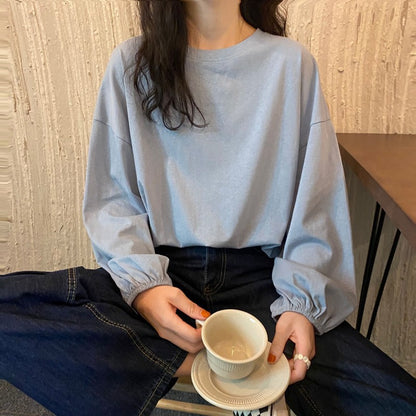 レディーストップス ゆったりランタン袖 プルオーバー 長袖Tシャツ 無地