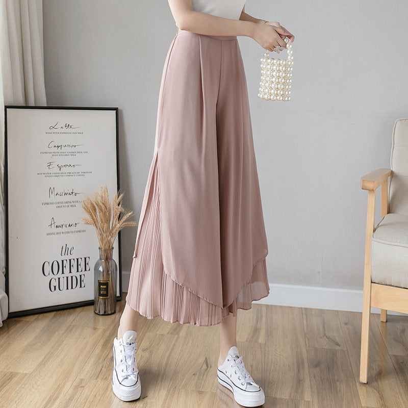 レディース シフォン スカートパンツ プリーツ スリット入り ワイドレッグ パンツスカート