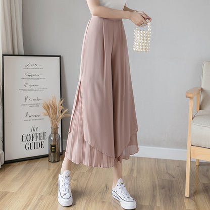 レディース シフォン スカートパンツ プリーツ スリット入り ワイドレッグ パンツスカート