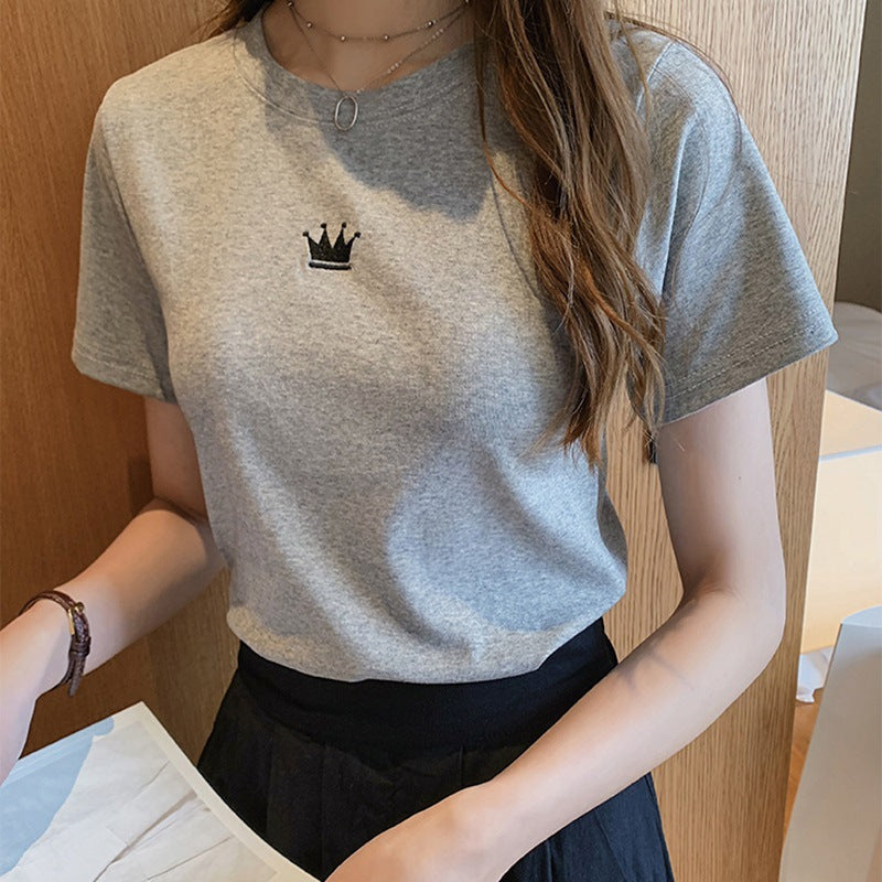 レディース スリム ラウンドネック半袖Tシャツ王冠刺繍