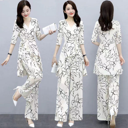 フラワー スーツ 2点セット セットアップ シフォン ワイドパンツ