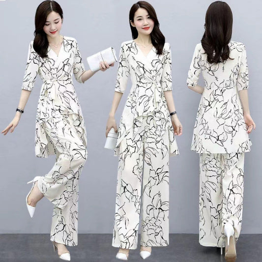 フラワー スーツ 2点セット セットアップ シフォン ワイドパンツ