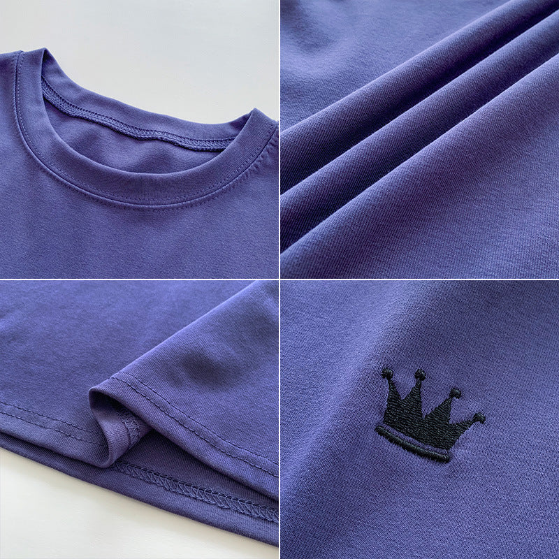 レディース スリム ラウンドネック半袖Tシャツ王冠刺繍