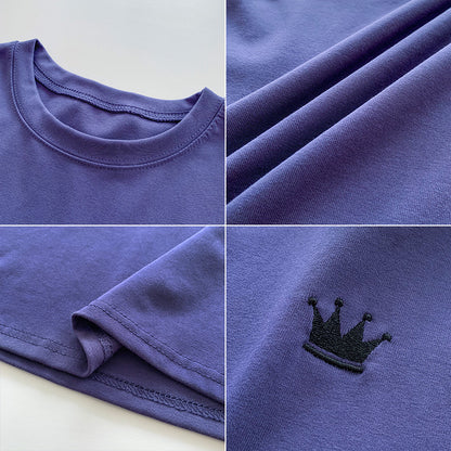 レディース スリム ラウンドネック半袖Tシャツ王冠刺繍