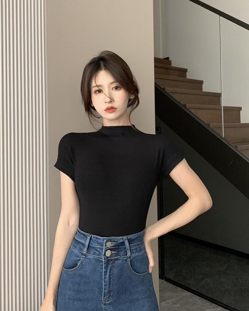 レディース ハーフタートルネック 半袖Tシャツ スリムフィット インナー トップス