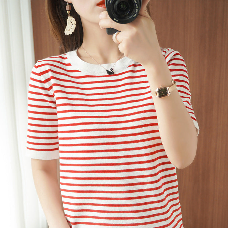 レディース ボーダー 半袖Tシャツ ストライプ ラウンドネック