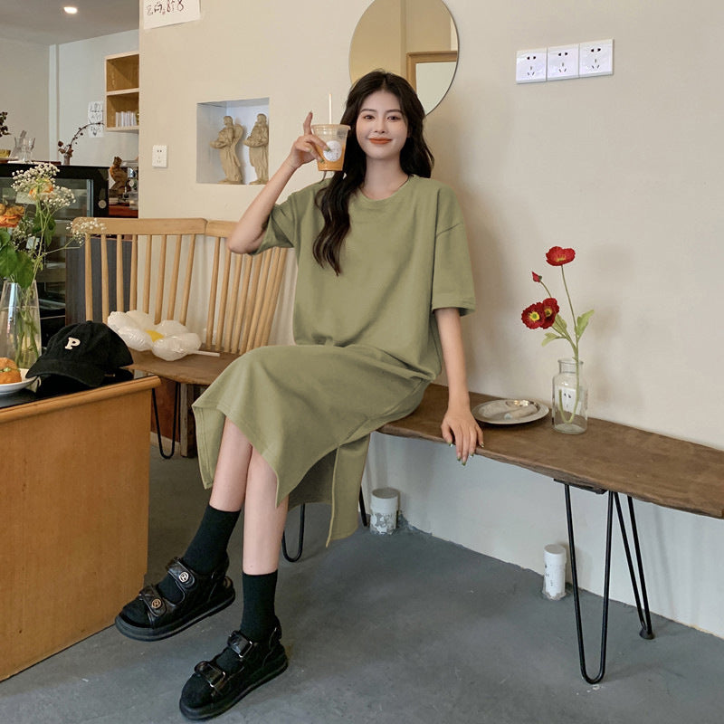 レディース ゆったり カジュアル 無地ロングスカート ワンピース  半袖Tシャツ 丸首
