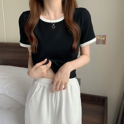 レディース 半袖Tシャツ コントラストカラー ラウンドネック