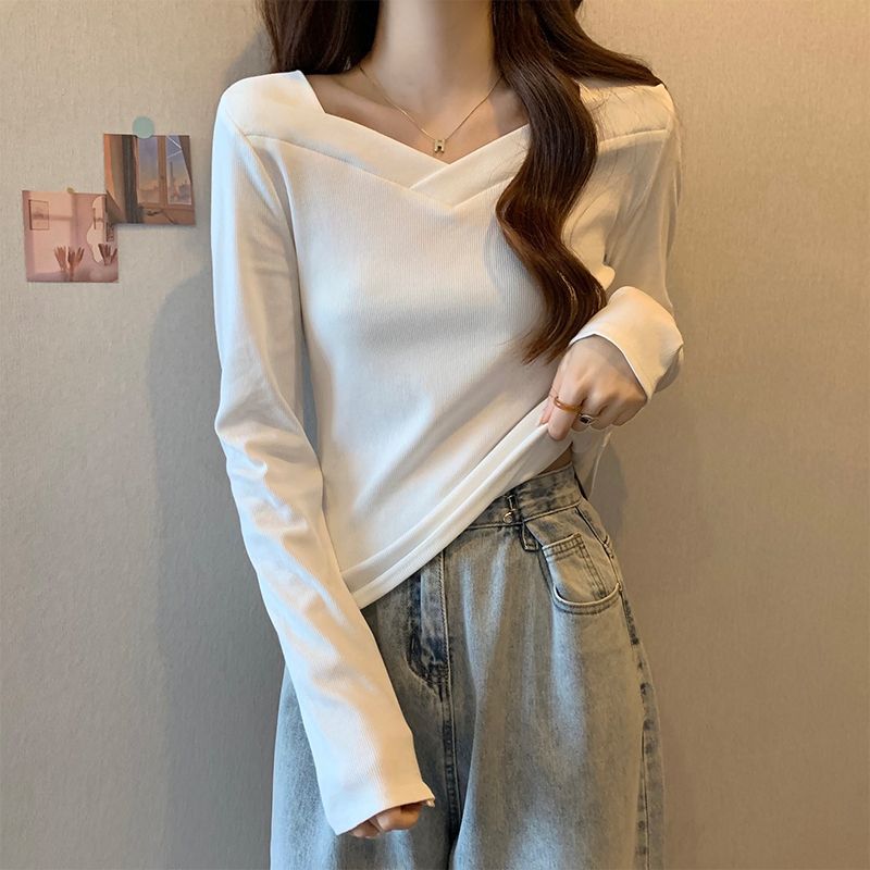 レディース Vネック 無地 長袖Tシャツ トップス インナー