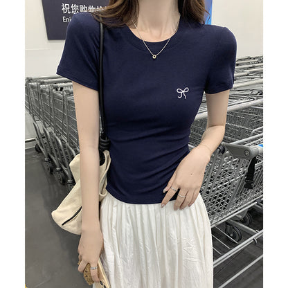 レディース 半袖 Tシャツ 蝶結び刺繍 リボン