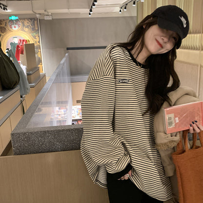 レディース ルーズ ストライプ長袖Tシャツ スウェットシャツ ゆったり