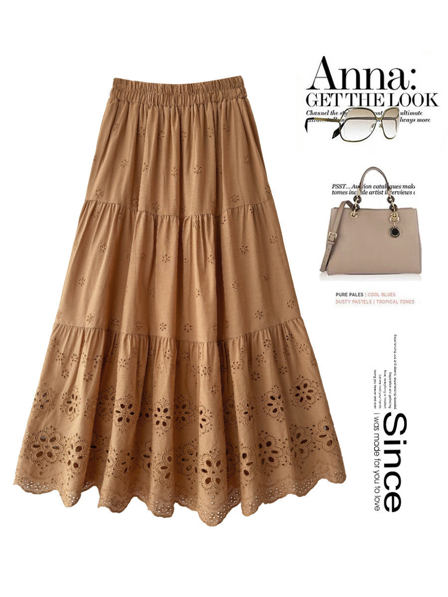 カジュアルスカート 花柄刺繍 Aライン スカート薄手 コットン素材