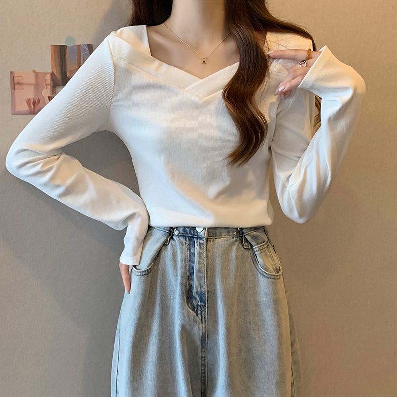 レディース Vネック 無地 長袖Tシャツ トップス インナー