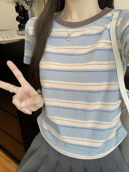 レディース ブルーストライプ 半袖Tシャツ