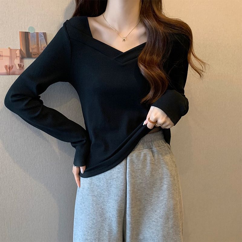 レディース Vネック 無地 長袖Tシャツ トップス インナー