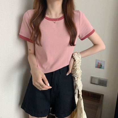 レディース 半袖Tシャツ コントラストカラー ラウンドネック