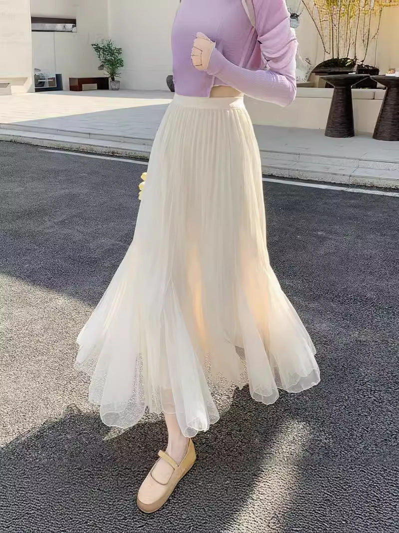 メッシュスカート ハイウエスト Aライン プリーツスカート ミドル丈 レディース ロングスカート 春夏