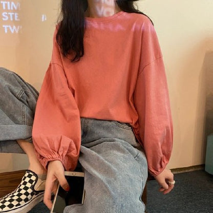 レディーストップス ゆったりランタン袖 プルオーバー 長袖Tシャツ 無地