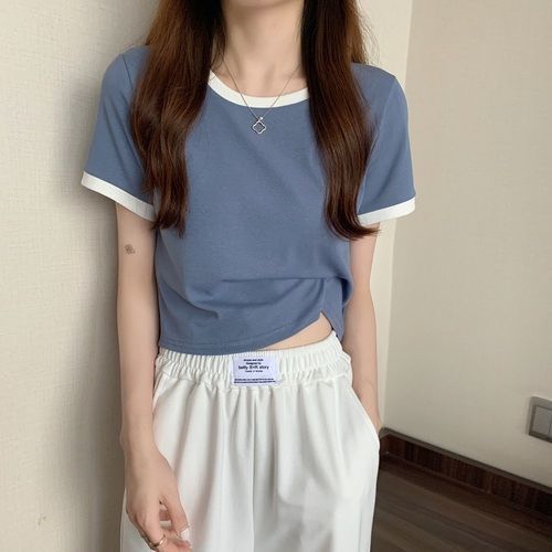レディース 半袖Tシャツ コントラストカラー ラウンドネック