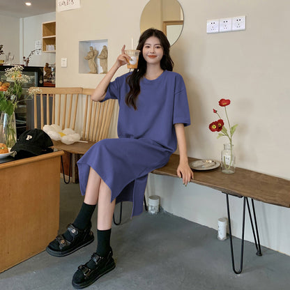 レディース ゆったり カジュアル 無地ロングスカート ワンピース  半袖Tシャツ 丸首