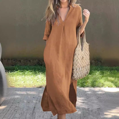 半袖 Vネック ロングワンピース ゆったり 体型カバー
