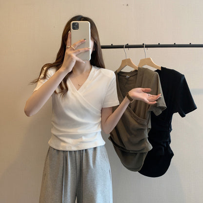 レディース クロスVネック半袖Tシャツ スリムフィット