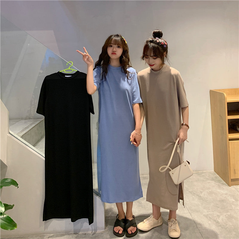 レディース ゆったり 無地半袖ロングスカート ワンピース