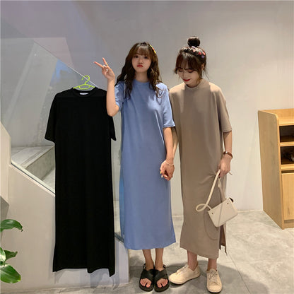 レディース ゆったり 無地半袖ロングスカート ワンピース