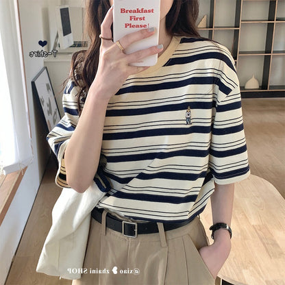 綿100％ コットン素材 刺繡入り ラウンドネック ストライプ 半袖Tシャツ レディース ゆったり カジュアル