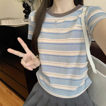 レディース ブルーストライプ 半袖Tシャツ
