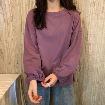 レディーストップス ゆったりランタン袖 プルオーバー 長袖Tシャツ 無地
