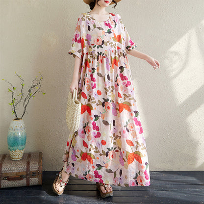 花柄ワンピース 丸首 半袖