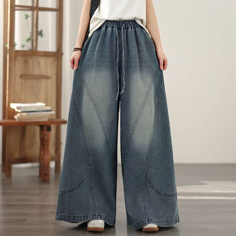 レディース デニム ワイドレッグパンツ ウエストゴム ゆったり