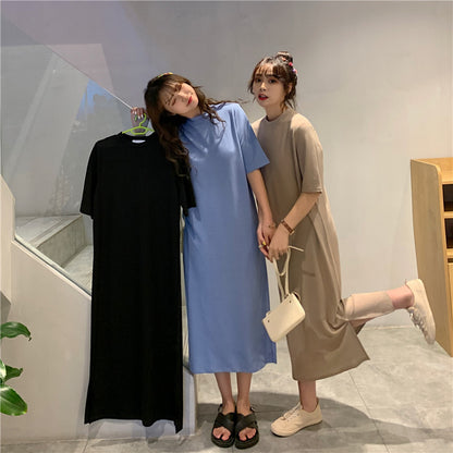 レディース ゆったり 無地半袖ロングスカート ワンピース