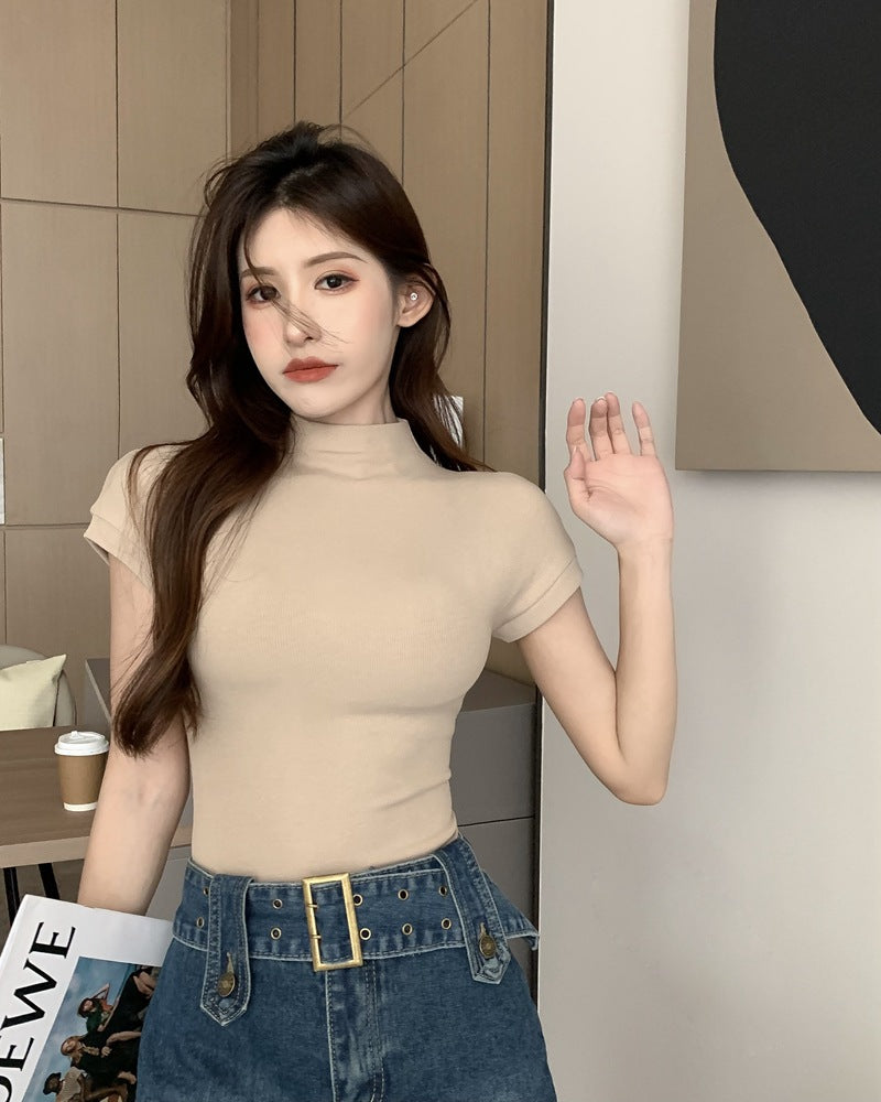 レディース ハーフタートルネック 半袖Tシャツ スリムフィット インナー トップス