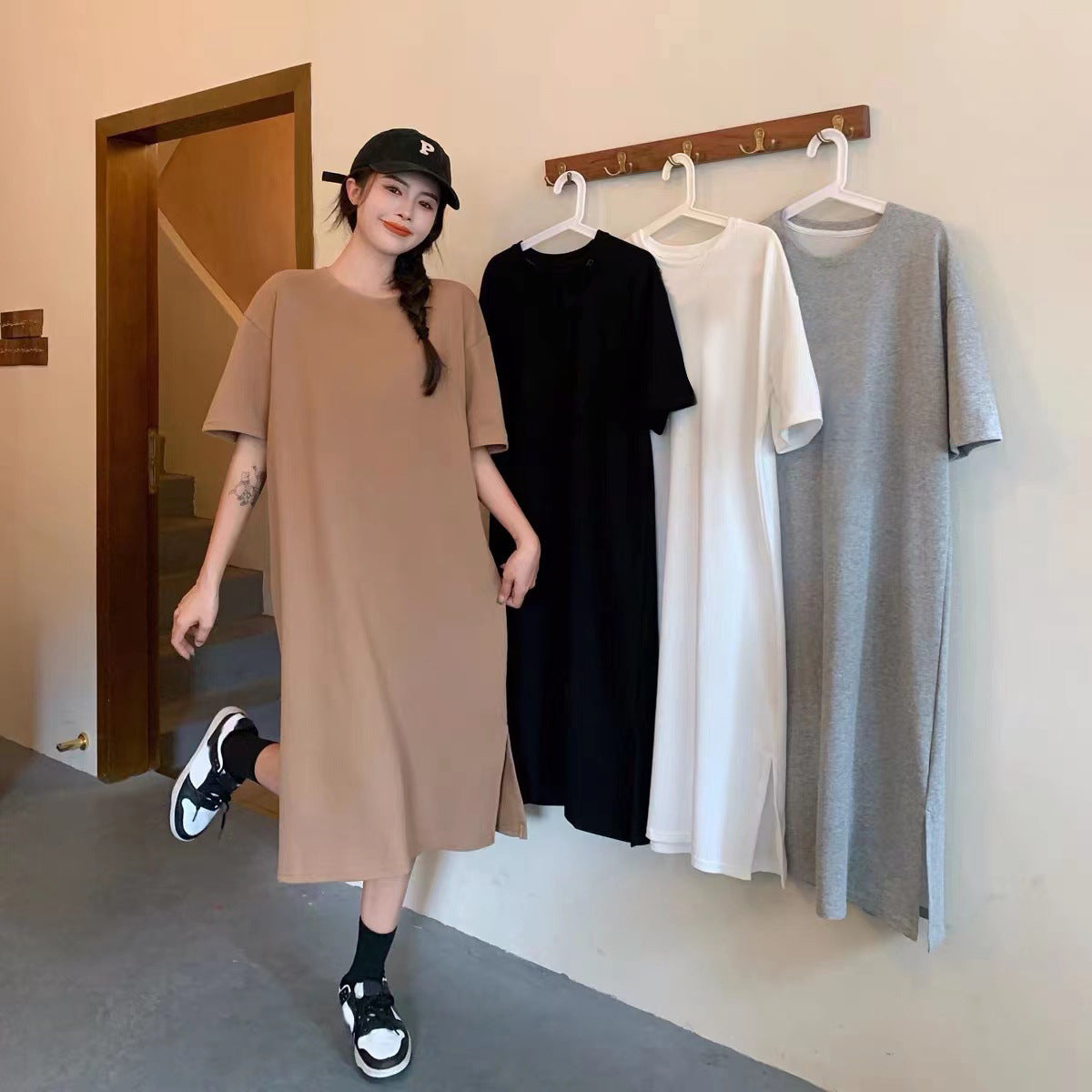 レディース ゆったり カジュアル 無地ロングスカート ワンピース  半袖Tシャツ 丸首