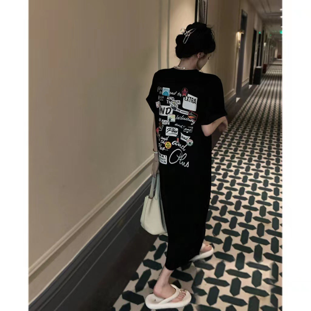 レディース ゆったり カジュアル半袖ロングスカート ワンピース  半袖Tシャツ 丸首