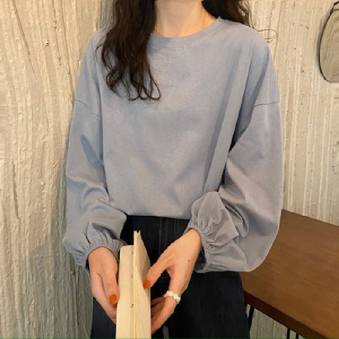 レディーストップス ゆったりランタン袖 プルオーバー 長袖Tシャツ 無地