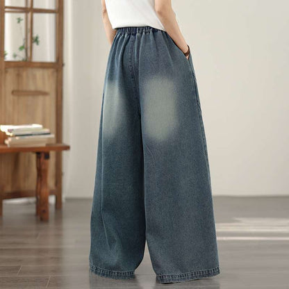 レディース デニム ワイドレッグパンツ ウエストゴム ゆったり