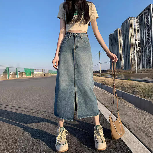 ハイウエスト デニムスカート Aライン スカートミドル丈