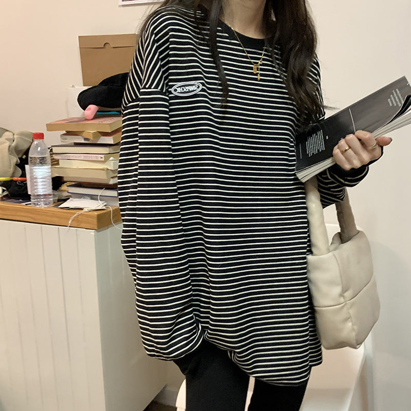 レディース ルーズ ストライプ長袖Tシャツ スウェットシャツ ゆったり