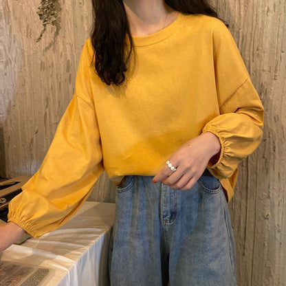 レディーストップス ゆったりランタン袖 プルオーバー 長袖Tシャツ 無地