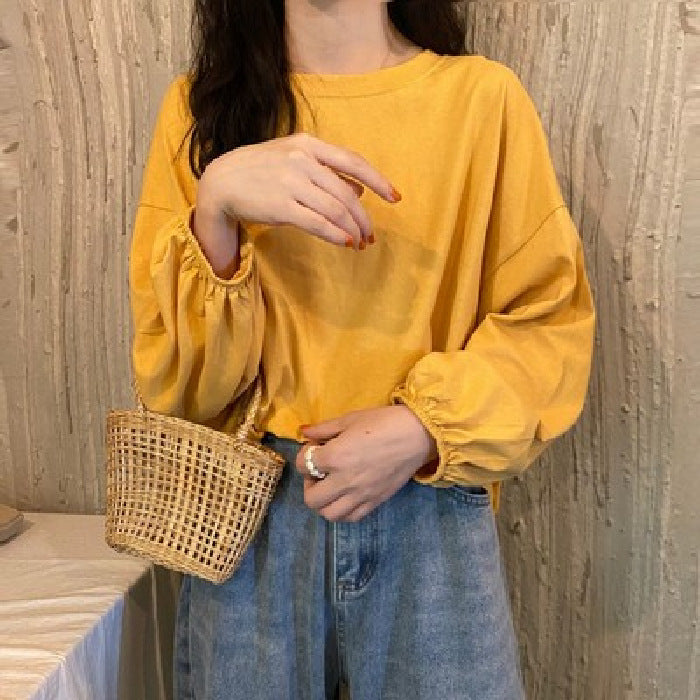 レディーストップス ゆったりランタン袖 プルオーバー 長袖Tシャツ 無地