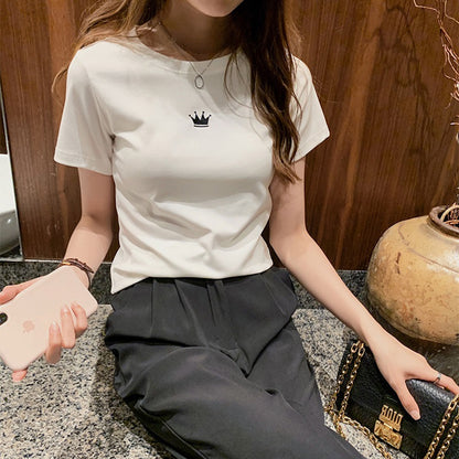 レディース スリム ラウンドネック半袖Tシャツ王冠刺繍