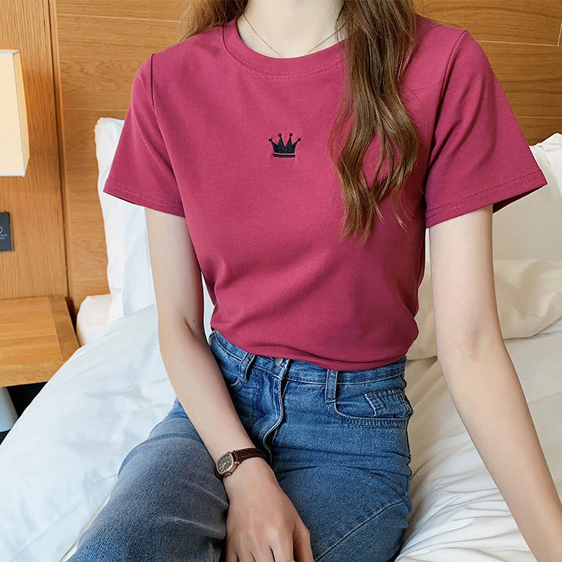 レディース スリム ラウンドネック半袖Tシャツ王冠刺繍