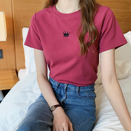 レディース スリム ラウンドネック半袖Tシャツ王冠刺繍